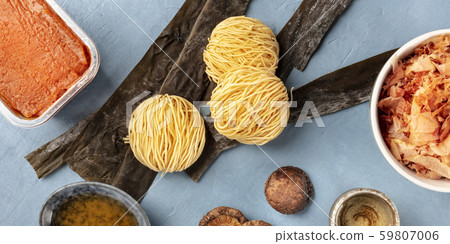 Ramen ingredients panorama. Dried sea vegetable kelp, soba noodles, miso paste, bonito tuna flakes Ramen ingredients panorama. Dried sea vegetable kelp, soba noodles, miso paste, bonito tuna flakes 59807006