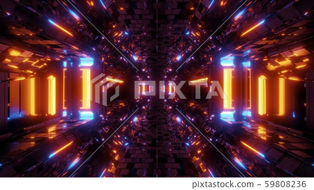 glowing refleective futuristic sci-fi space hangar tunnel corridor 3d illustration background 59808236