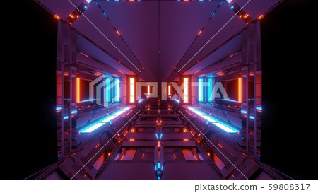 futuristic scifi space hangar tunnel corridor with glowing lights and reflections 3d illustration 3d 59808317