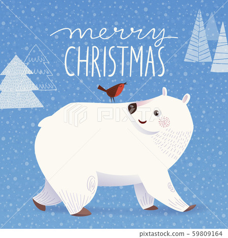 Winter Christmas greeting card with cartoon polar bear and bird 59809164