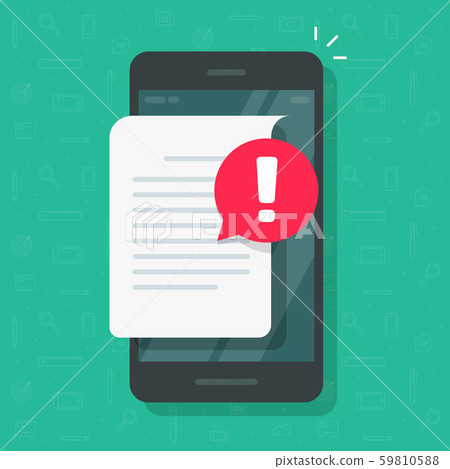 Document with alert or error notification bubble on mobile phone or cellphone, flat cartoon paper 59810588