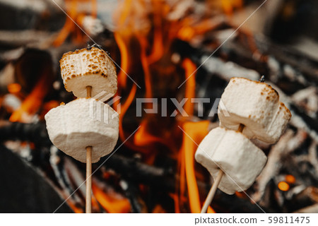 Marshmallow on a stick fried at the stake 59811475