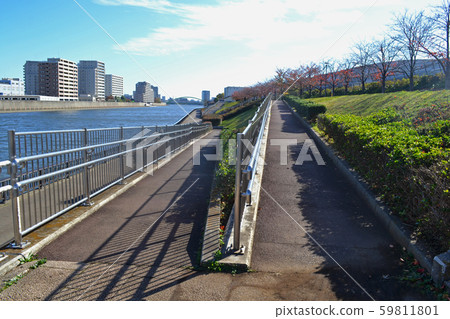 Barrier-free slope going down to Sumida River in Horifune, Kita-ku, Tokyo Barrier-free slope going down to Sumida River in Horifune, Kita-ku, Tokyo 59811801