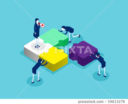 Isometric team connecting puzzle elements. Concept 59813276