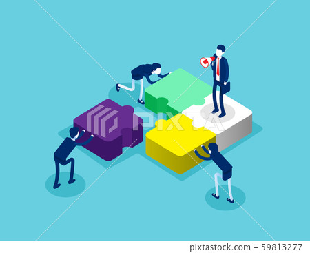 Isometric team connecting puzzle elements. Concept 59813277