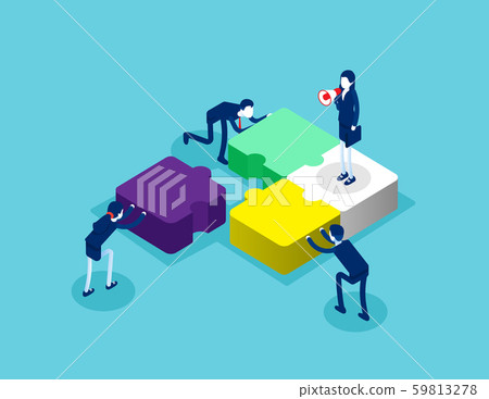 Isometric team connecting puzzle elements. Concept 59813278