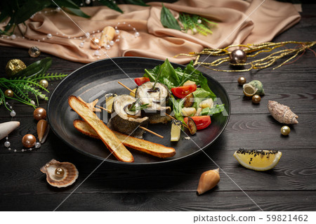 Baked seabass with eggplant, mozzarella cheese, Baked seabass with eggplant, mozzarella cheese, 59821462