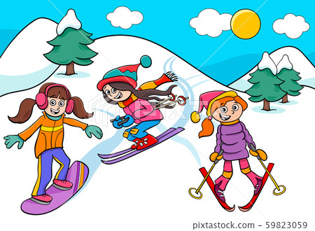 snowboarding and skiing girls cartoon illustration snowboarding and skiing girls cartoon illustration 59823059