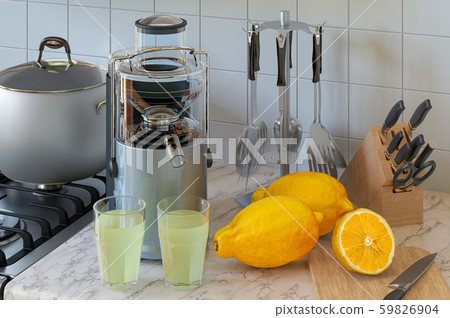 Lemon juice and electric juicer on kitchen table Lemon juice and electric juicer on kitchen table 59826904