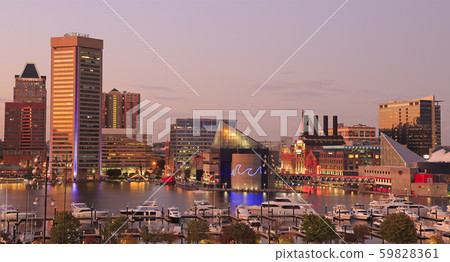 Colorful Baltimore skyline over the Inner Harbor at dusk Colorful Baltimore skyline over the Inner Harbor at dusk 59828361