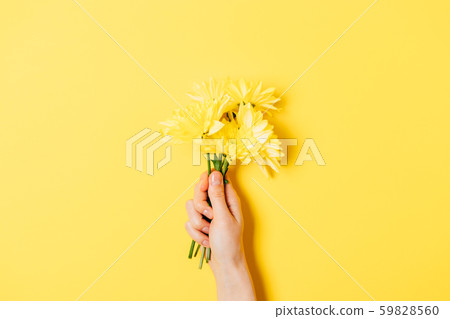 Flat lay woman's hand holding bouquet of fresh Flat lay woman's hand holding bouquet of fresh 59828560