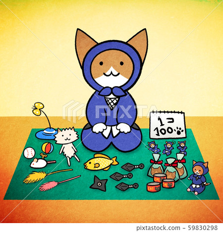 Ninja-style cat exhibiting small items at a flea market (sales, flea market, retail) Ninja-style cat exhibiting small items at a flea market (sales, flea market, retail) 59830298