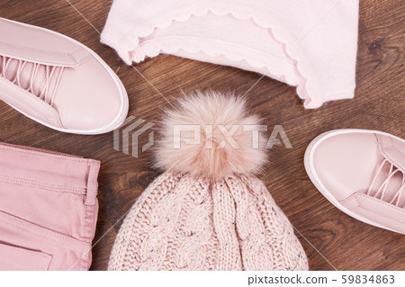 Womanly leather shoes, pants, sweater and cap 59834863