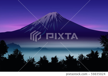 Natural Mountains fog horizontal Landscape wallpaper Skyline Sunrise and sunset Illustration vector style Colorful blue tone view background 59835024