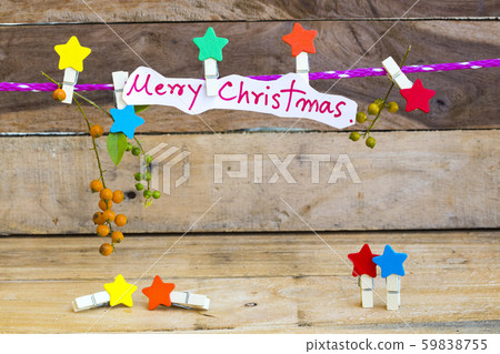 merry christmas message card handwriting  for special day in festival day and clips star wooden hang pink rope  59838755