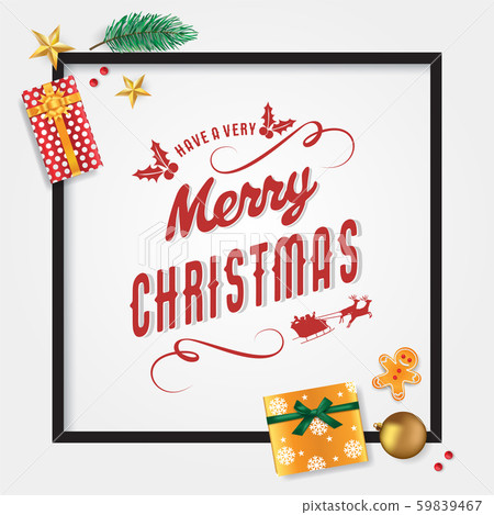 Merry Christmas card template with pine leaves, star, gingerbread man, presents, bauble and Christmas cherries, vector 59839467