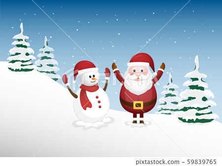Happy Santa Claus and a cute snowman in the winter forest. 59839765
