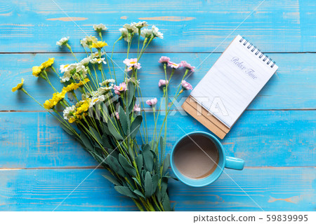 Cozy winter relax time. Cup of hot coffee with write note Cozy winter relax time. Cup of hot coffee with write note 59839995