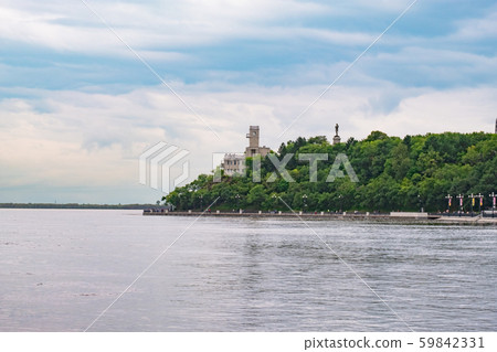 Khabarovsk, Russia - Aug 21, 2019: Flood on the Amur river near the city of Khabarovsk. The level of 59842331