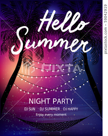 Summer tropical background with palms, sky and sunset. Summer poster, flyer, invitation card. 59842919