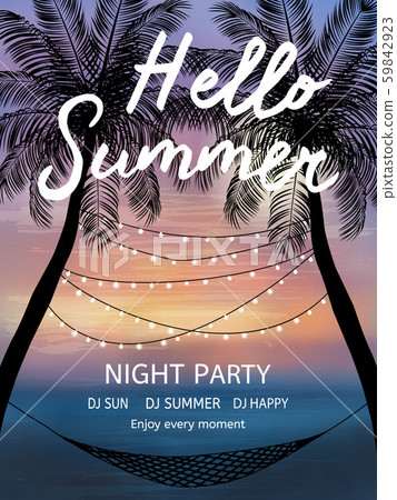 Summer tropical background with palms, sky and sunset. Summer poster, flyer, invitation card. 59842923