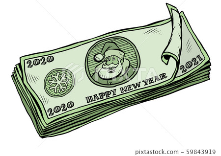 2020 2021 banknotes money cash. annual bonus. Santa Claus character Christmas new year 59843919
