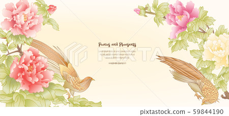 Peony tree branch with flowers with pheasants Peony tree branch with flowers with pheasants 59844190
