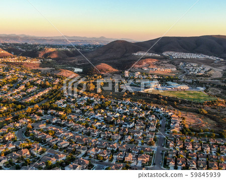 Aerial view of residential modern subdivision during sunset 59845939