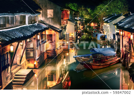 illuminated Zhouzhuang water town at night, Jiangsu, China illuminated Zhouzhuang water town at night, Jiangsu, China 59847002