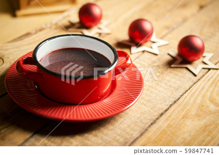Traditional christmas borscht red in pot on old wooden table 59847741