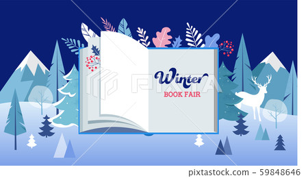 Winter wonderland, Book fair banner with open book and frozen trees. Vector illustration Winter wonderland, Book fair banner with open book and frozen trees. Vector illustration 59848646