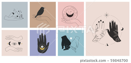 Collection of fine, hand drawn style logos and icons of hands. Fashion, skin care and wedding Collection of fine, hand drawn style logos and icons of hands. Fashion, skin care and wedding 59848700