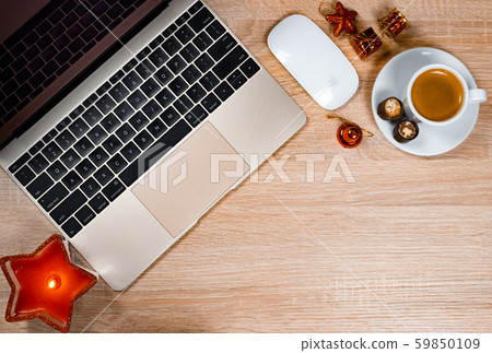 wooden desk with laptop and objects for mock up template design. wooden desk with laptop and objects for mock up template design. 59850109