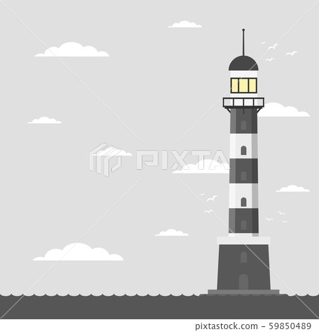 Vector cartoon flat lighthouse. Searchlight tower for maritime navigation guidance Vector cartoon flat lighthouse. Searchlight tower for maritime navigation guidance 59850489
