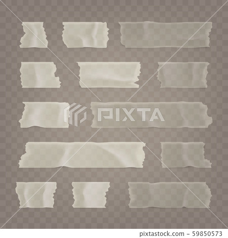 Realistic transparent adhesive tape set. Sticky scotch, duct paper strips on checkered background 59850573