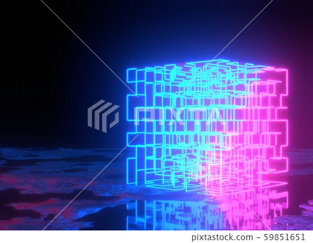 Neon background. 3d rendering maze, glowing square maze. Neon show light in dark 59851651