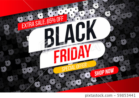 Modern Black Friday banner with black sequin fabric effect for special offers, sales and discounts. Modern Black Friday banner with black sequin fabric effect for special offers, sales and discounts. 59853441