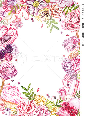 Watercolor sweets collection. Watercolor teamplate of a compositions of sweets, cakes and envelope 59853803
