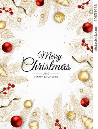 Christmas greeting card with Christmas Tree Decorations, Pine Branches, snowflake and confetti. 59855688