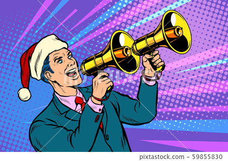 Christmas sale. Businessman advertises with megaphone Christmas sale. Businessman advertises with megaphone 59855830