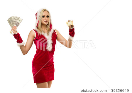 A beautiful sexy woman in a New Year's dress, hold 59856649