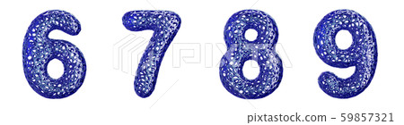 Number set 6, 7, 8, 9 made of blue plastic 3d rendering 59857321