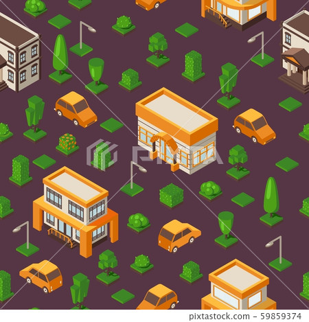 Isometric seamless pattern, vector illustration. Set of buildings and cars in geometric perspective 59859374