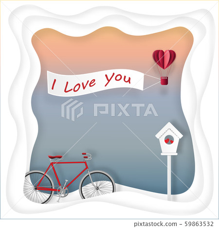Paper art style of Valentine's concept with red bicycle, red hot air balloon in heart shape. Vector illustration 59863532