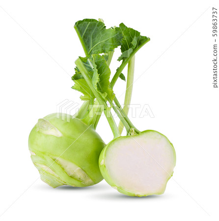 Fresh kohlrabi with green leaves on isolated white backround. full depth of field Fresh kohlrabi with green leaves on isolated white backround. full depth of field 59863737