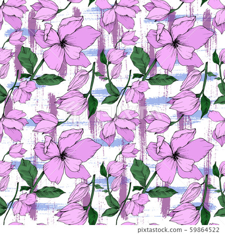 Vector Magnolia floral botanical flowers. Black and white engraved ink art. Seamless background 59864522