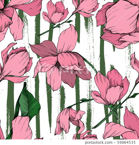 Vector Magnolia floral botanical flowers. Black and white engraved ink art. Seamless background 59864535