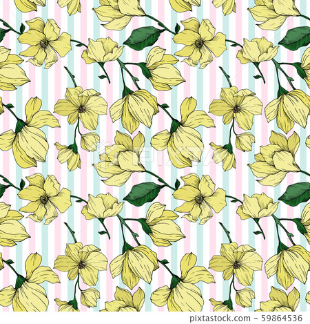 Vector Magnolia floral botanical flowers. Black and white engraved ink art. Seamless background 59864536