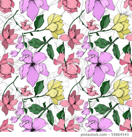 Vector Magnolia floral botanical flowers. Black and white engraved ink art. Seamless background 59864543