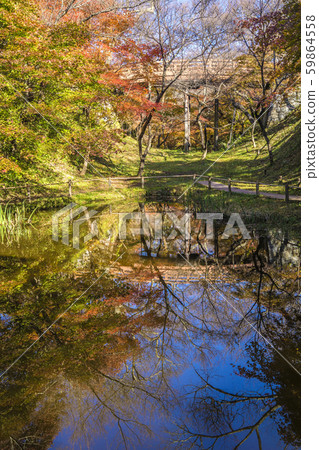 長野縣伊那市高鄉町東高鄉信州 高鄉城公園的秋葉 櫻櫻橋大橋和護城河 照片素材 圖片 圖庫